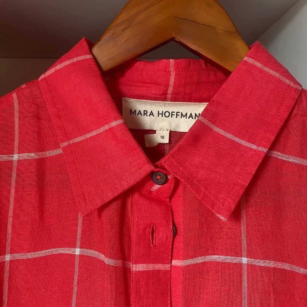 Mara Hoffman red windowpane button down dress Size 16 - Picture 2 of 5